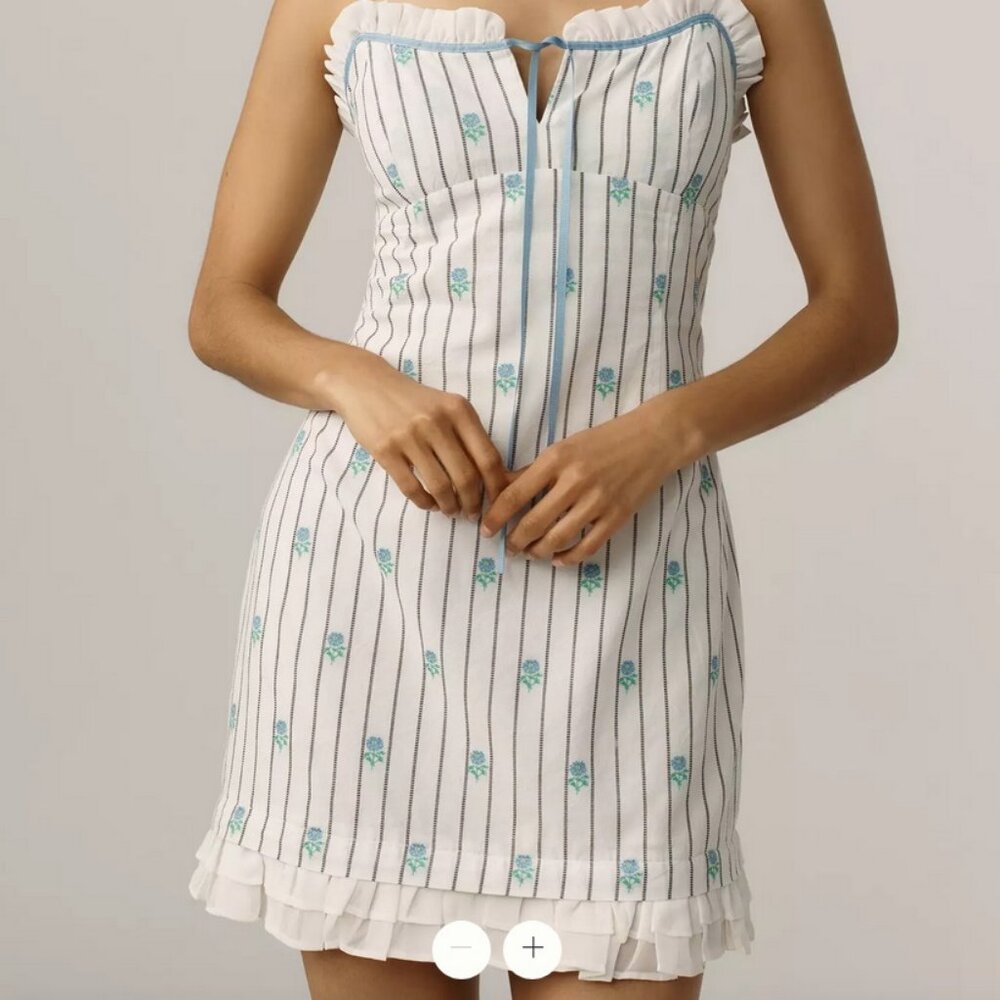 Anthropologie Maeve Sleeveless Jacquard Ruffle-Hem Mini Dress Blue Floral NWT